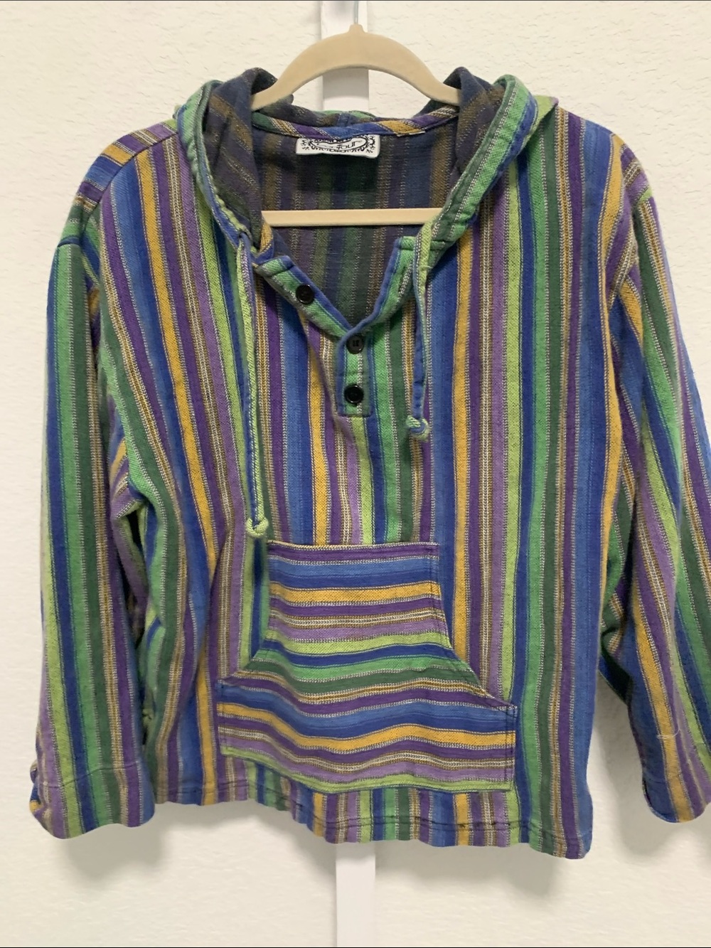 Vintage Bonjour Striped Hooded Pullover Sweatshirt Top - Green & Blue - Picture 4 of 7